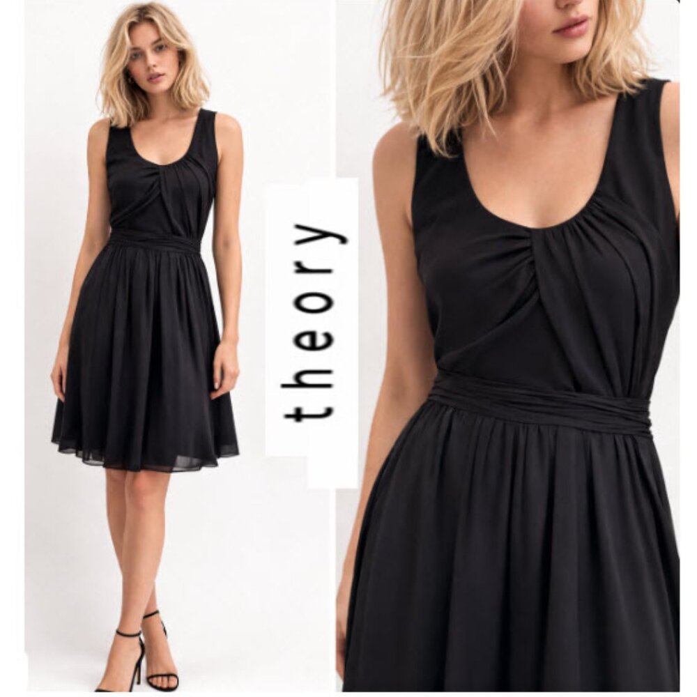 Theory Silk Wool Black Dress Sleeveless Flowy Fit 4 Chic Flowy Comfy Work